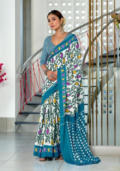 White Printed Cotton Saree Set