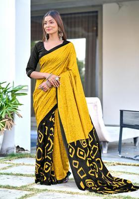 Yellow Printed Cotton Saree Set