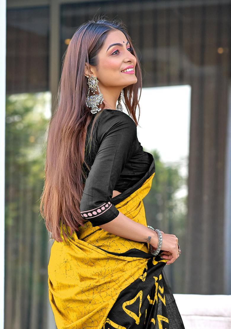 Yellow Printed Cotton Saree Set - Indya