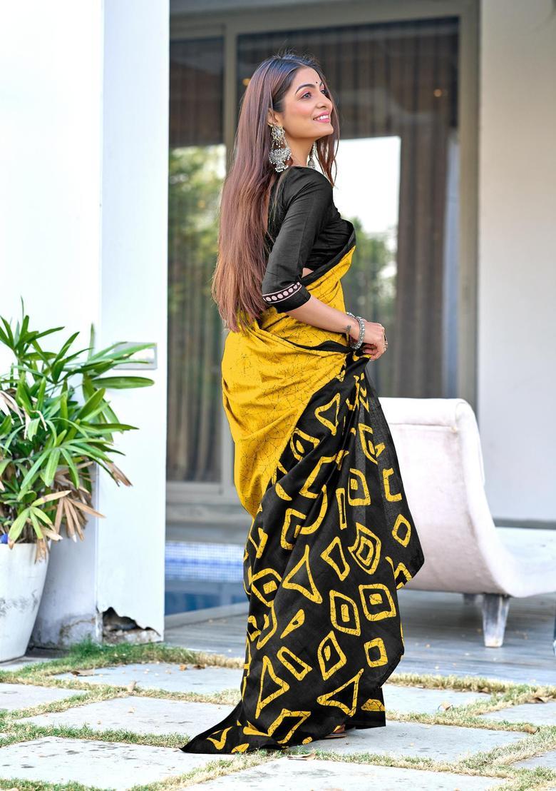 Yellow Printed Cotton Saree Set - Indya
