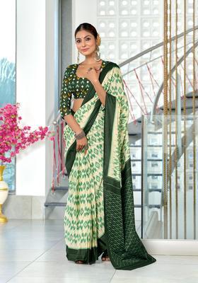 Green Printed Cotton Saree Set