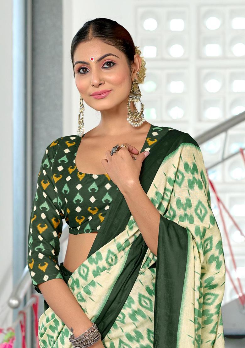 Green Printed Cotton Saree Set - Indya