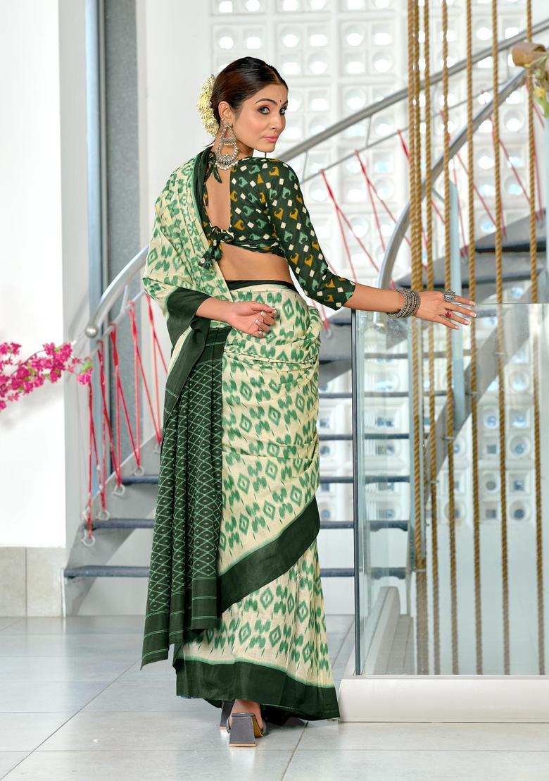 Green Printed Cotton Saree Set - Indya