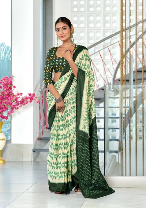 Green Printed Cotton Saree Set