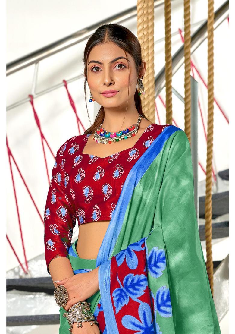 Green Floral Print Cotton Saree Set - Indya