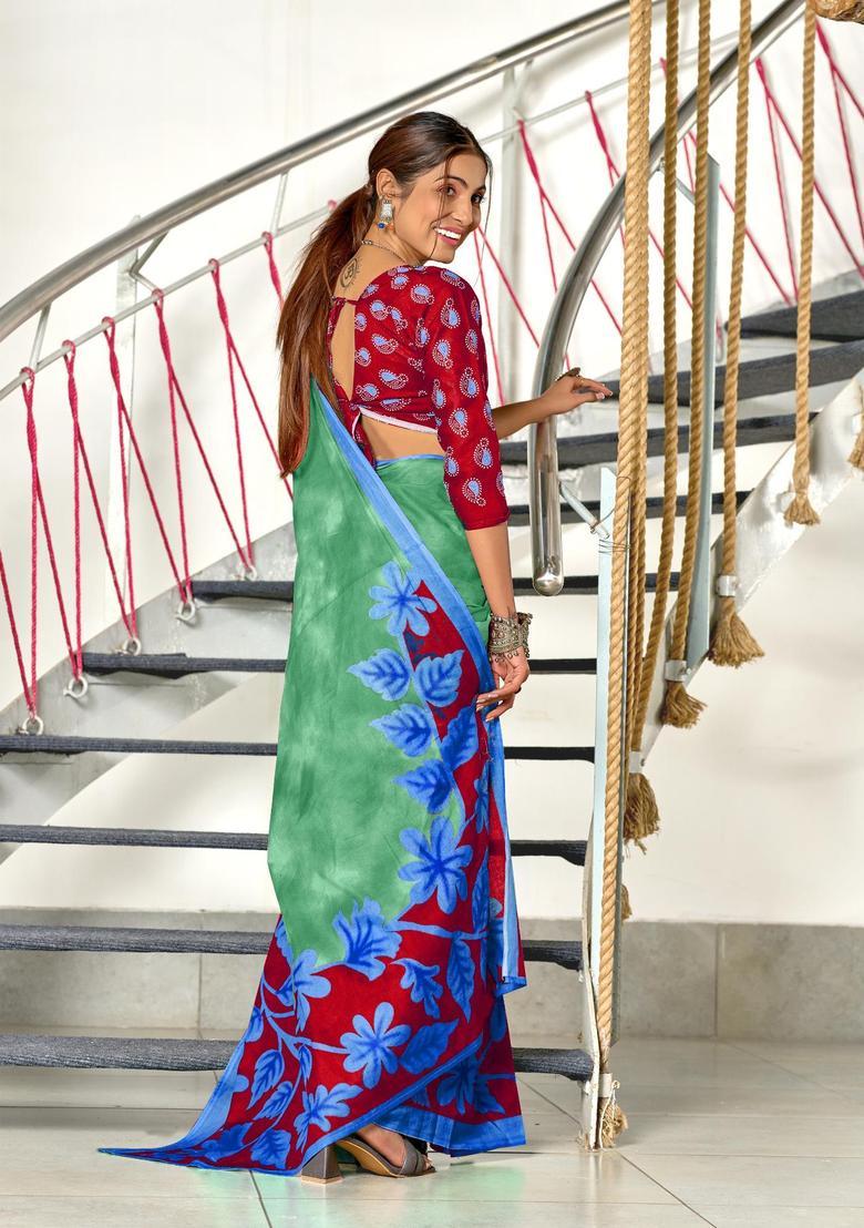 Green Floral Print Cotton Saree Set - Indya