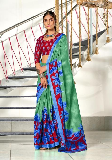 Green Floral Print Cotton Saree Set