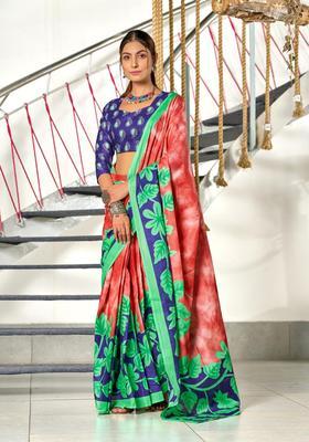 Red Floral Print Cotton Saree Set
