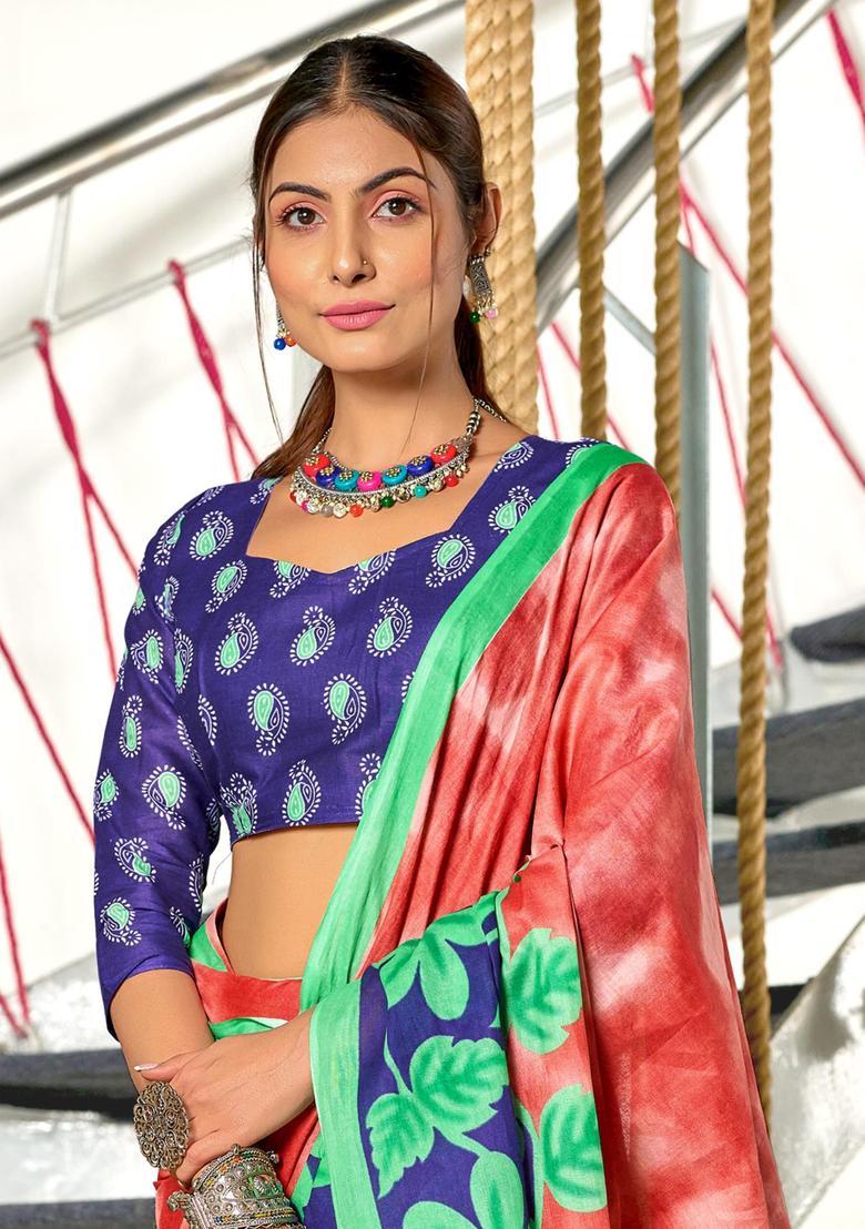 Red Floral Print Cotton Saree Set - Indya