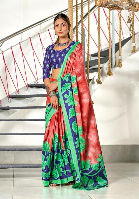 Red Floral Print Cotton Saree Set