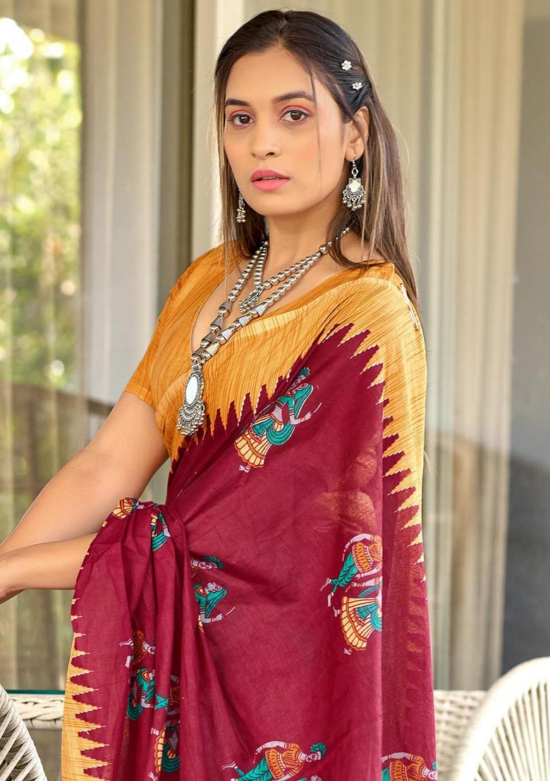 Maroon Printed Cotton Saree Set - Indya