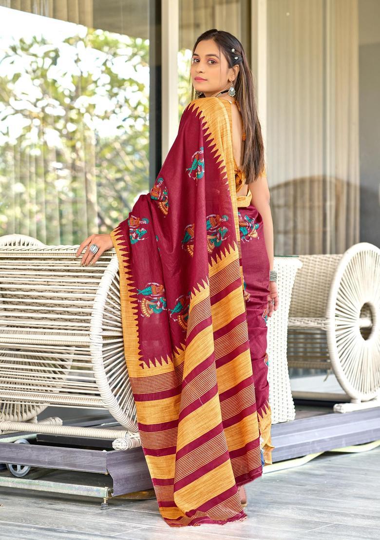 Maroon Printed Cotton Saree Set - Indya