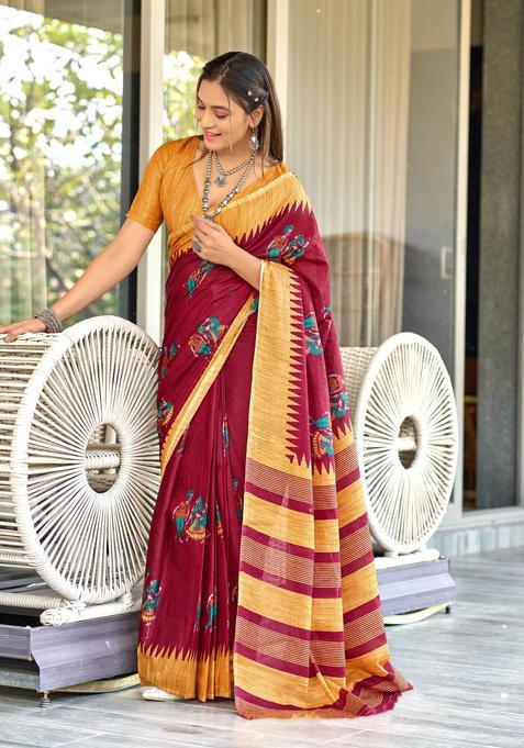 Maroon Printed Cotton Saree Set