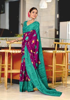 Wine Floral Print Cotton Saree Set
