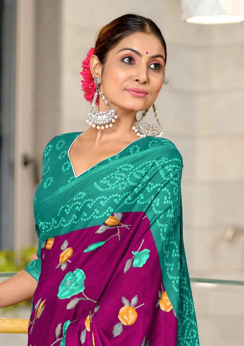 Wine Floral Print Cotton Saree Set - Indya