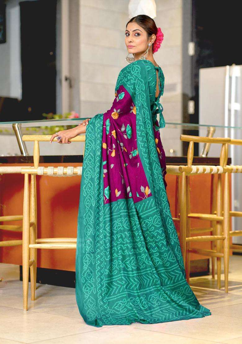 Wine Cotton Saree Set with Floral Print for Diwali | Wedding & Festive Wear - Indya