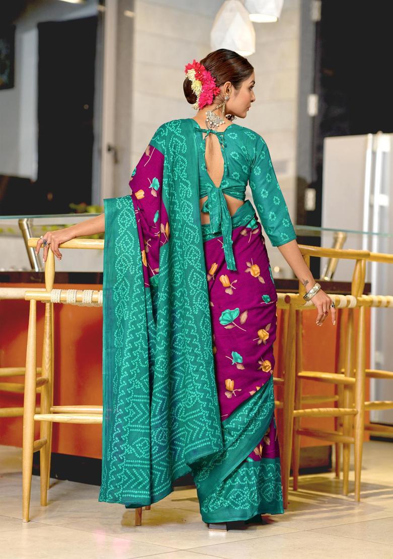 Wine Floral Print Cotton Saree Set - Indya