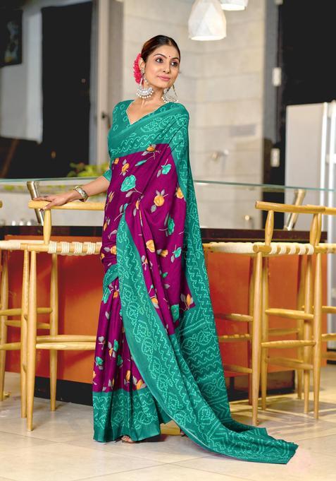 Wine Floral Print Cotton Saree Set