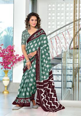 Teal Printed Cotton Saree Set