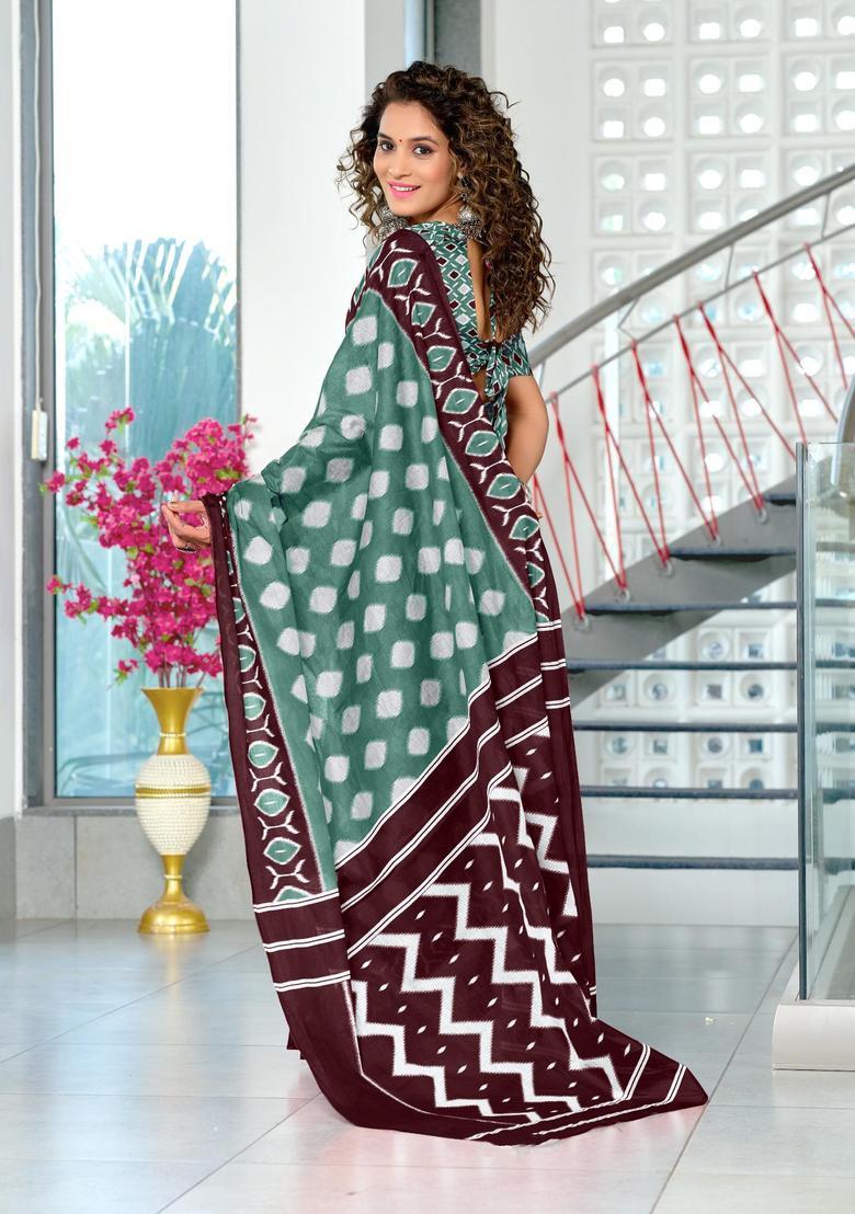 Teal Printed Cotton Saree Set - Indya