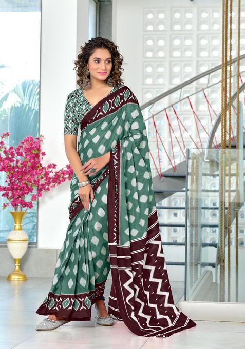 Teal Printed Cotton Saree Set