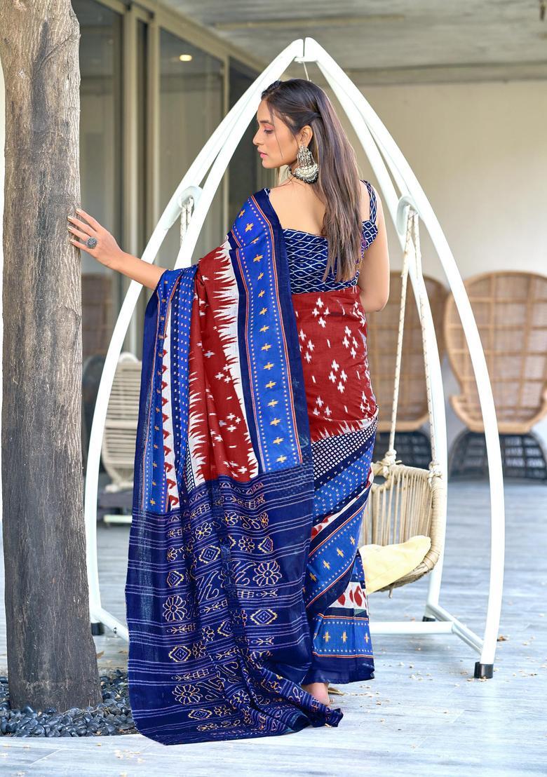 Maroon Printed Cotton Saree Set - Indya