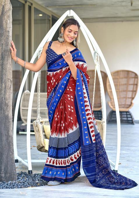 Maroon Printed Cotton Saree Set