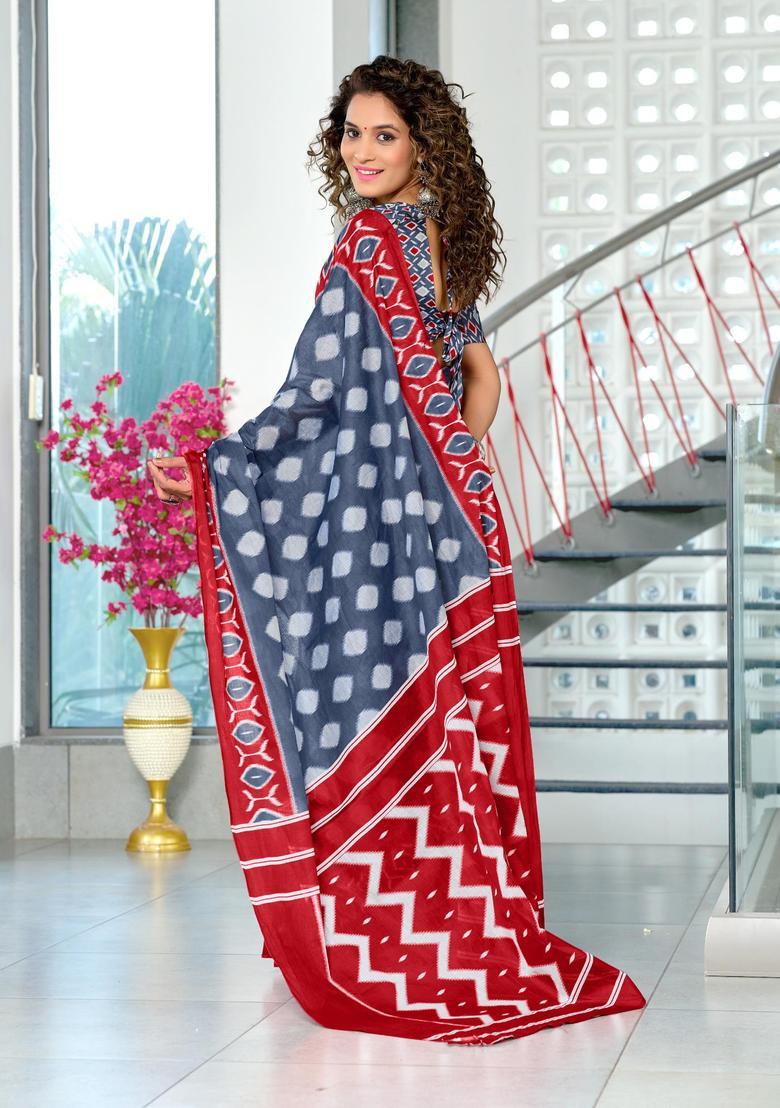 Grey Printed Cotton Saree Set - Indya