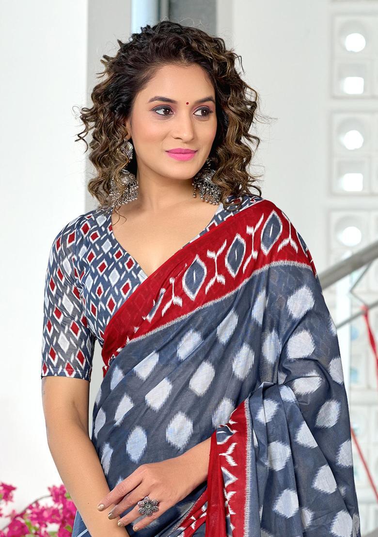 Grey Printed Cotton Saree Set - Indya