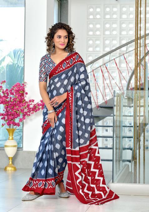 Grey Printed Cotton Saree Set