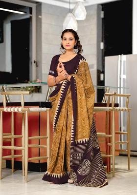 Mustard Geometric Print Cotton Saree Set