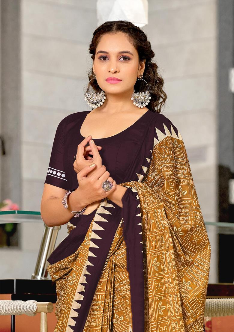 Mustard Geometric Print Cotton Saree Set - Indya