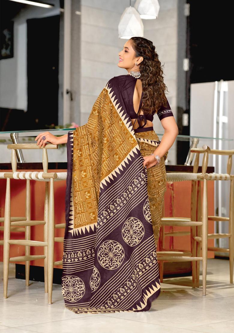 Mustard Geometric Print Cotton Saree Set - Indya