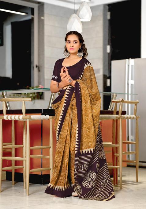 Mustard Geometric Print Cotton Saree Set