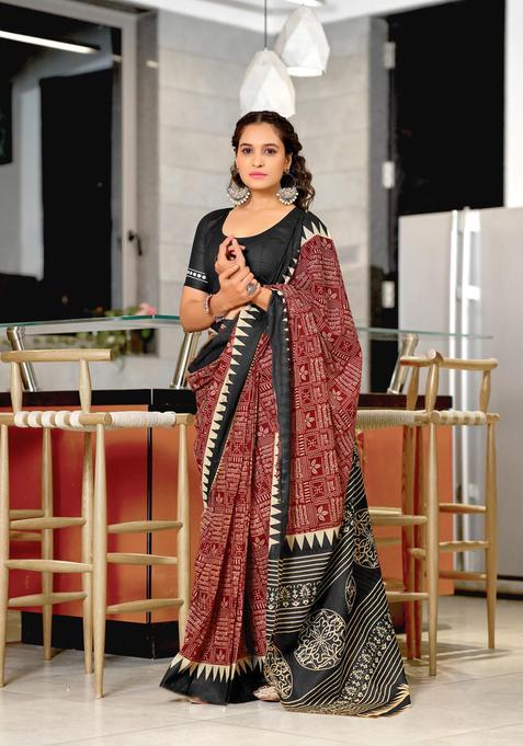 Red Geometric Print Cotton Saree Set