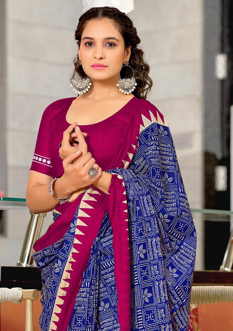 Blue Geometric Print Cotton Saree Set - Indya