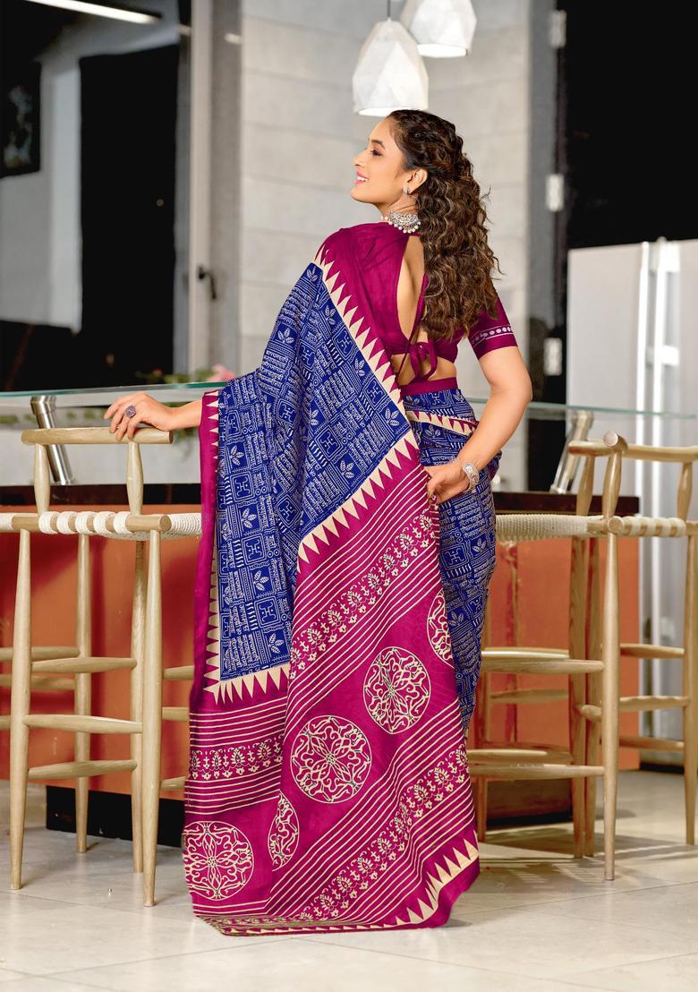Blue Geometric Print Cotton Saree Set - Indya
