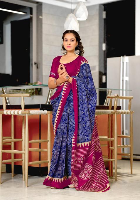 Blue Geometric Print Cotton Saree Set