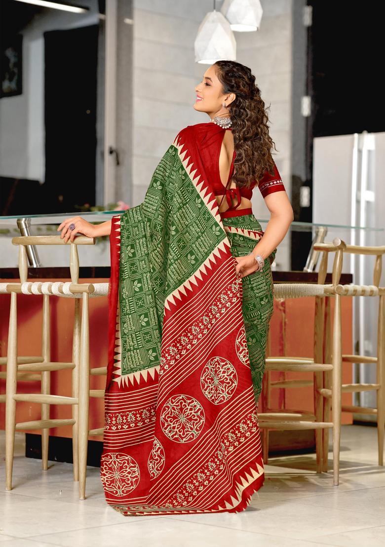 Green Geometric Print Cotton Saree Set - Indya