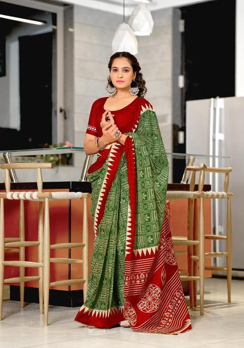 Green Geometric Print Cotton Saree Set