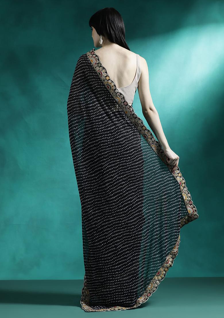 Black Printed Georgette Saree Set - Indya