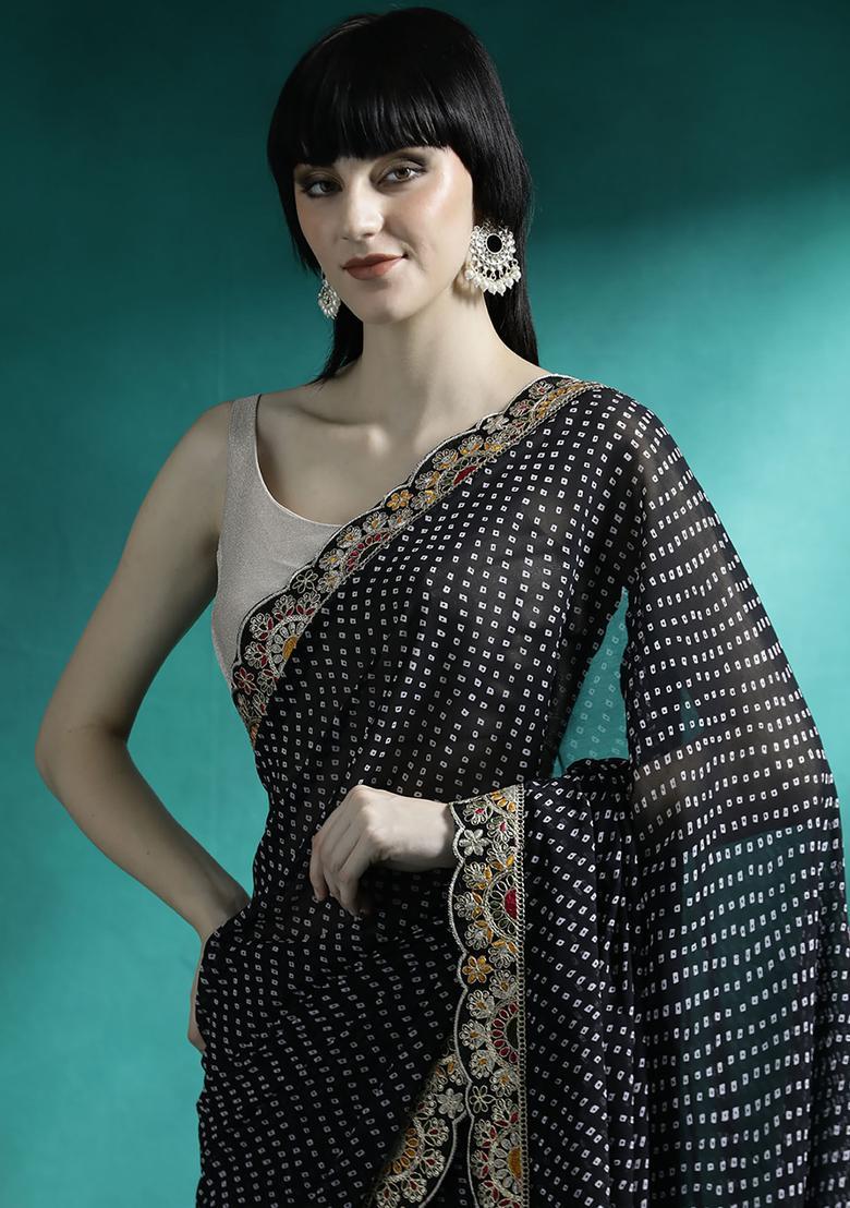 Black Printed Georgette Saree Set - Indya