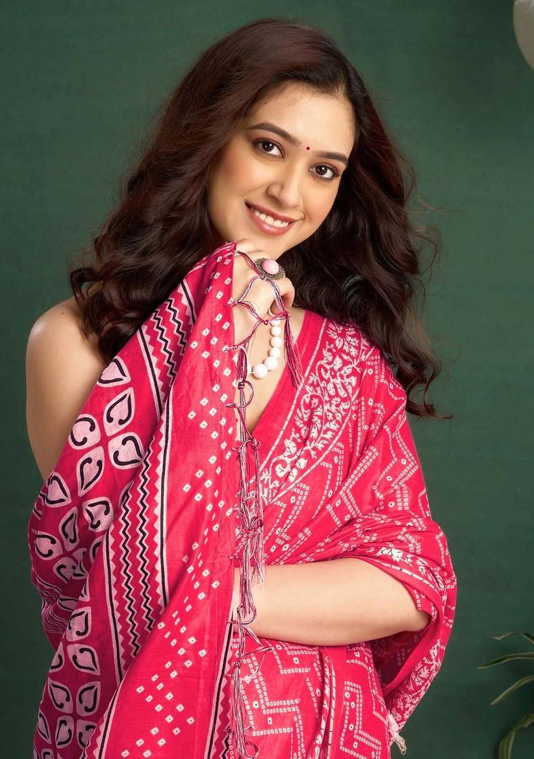 Pink Printed Cotton Saree Set - Indya