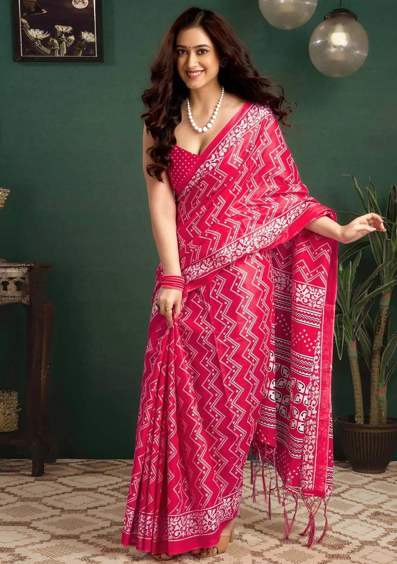 Pink Printed Cotton Saree Set - Indya