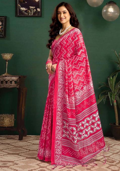 Pink Printed Cotton Saree Set