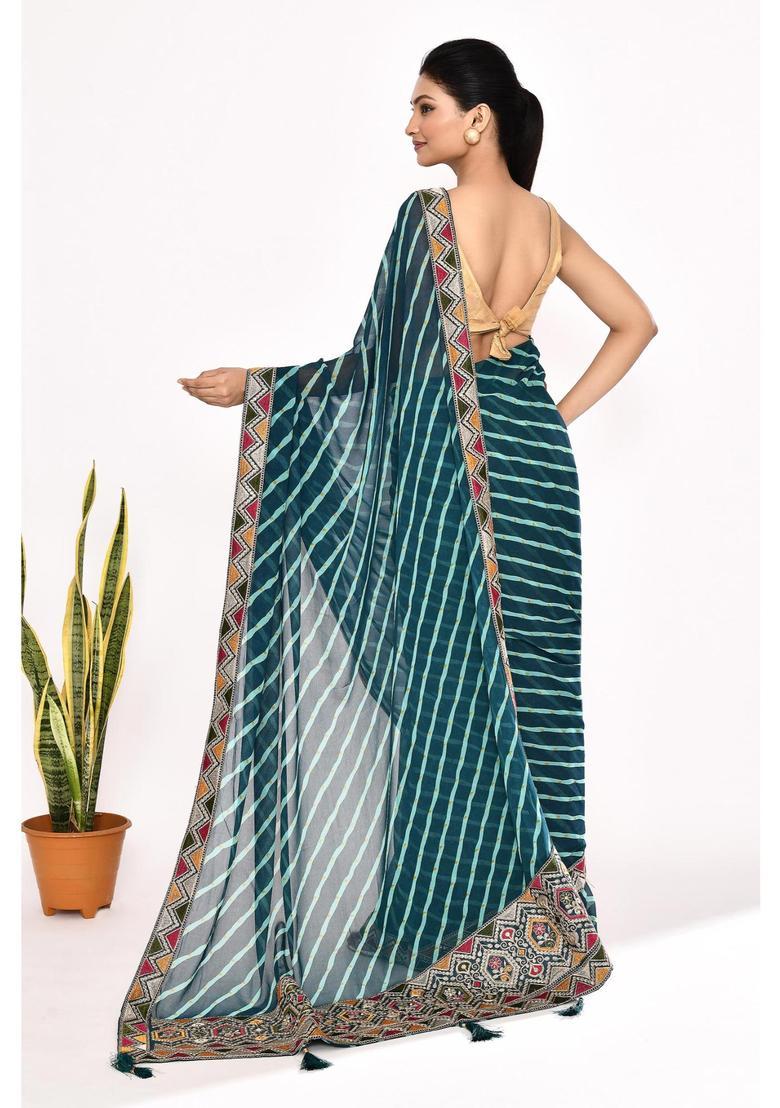 Blue Embroidered Georgette Saree Set - Indya