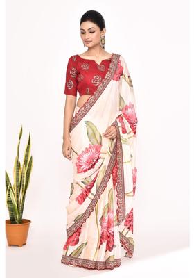 Beige Floral Print Chinon Saree Set