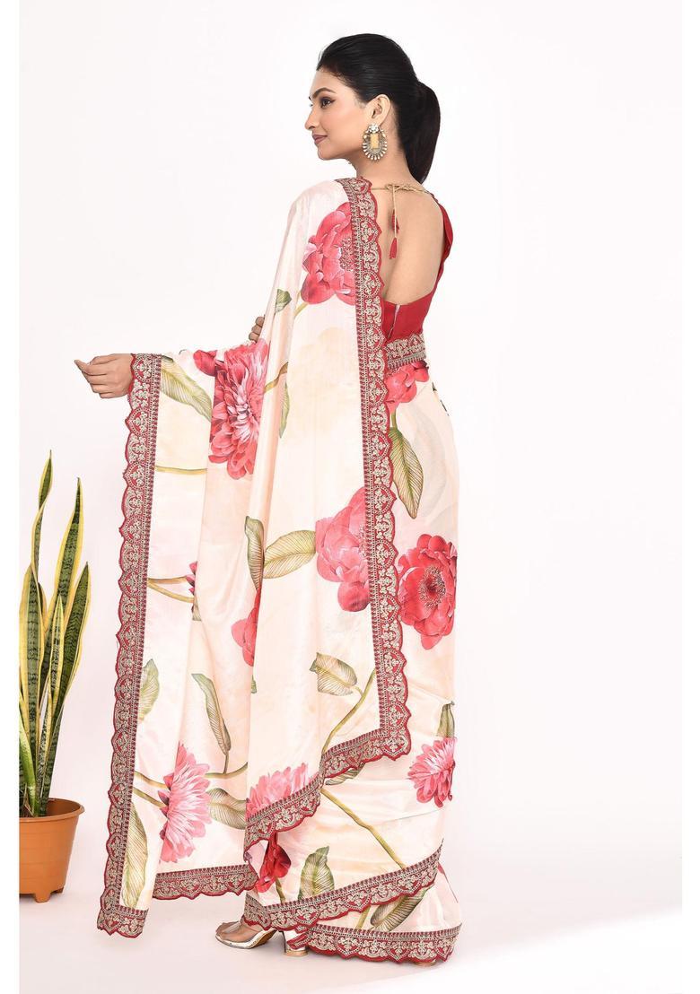 Beige Floral Print Chinon Saree Set - Indya
