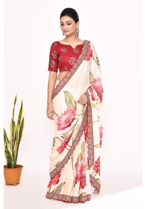 Beige Floral Print Chinon Saree Set