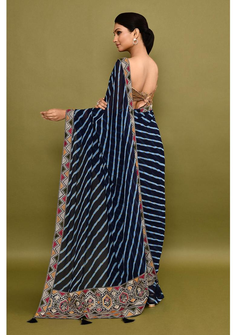Blue Embroidered Georgette Saree Set - Indya